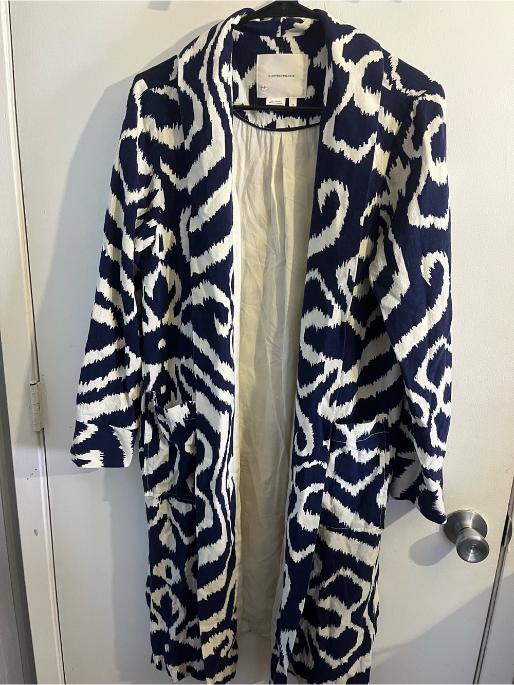 Anthropologie Women’s Medium Navy Ivory Ikat Print Open Front Duster Kimono